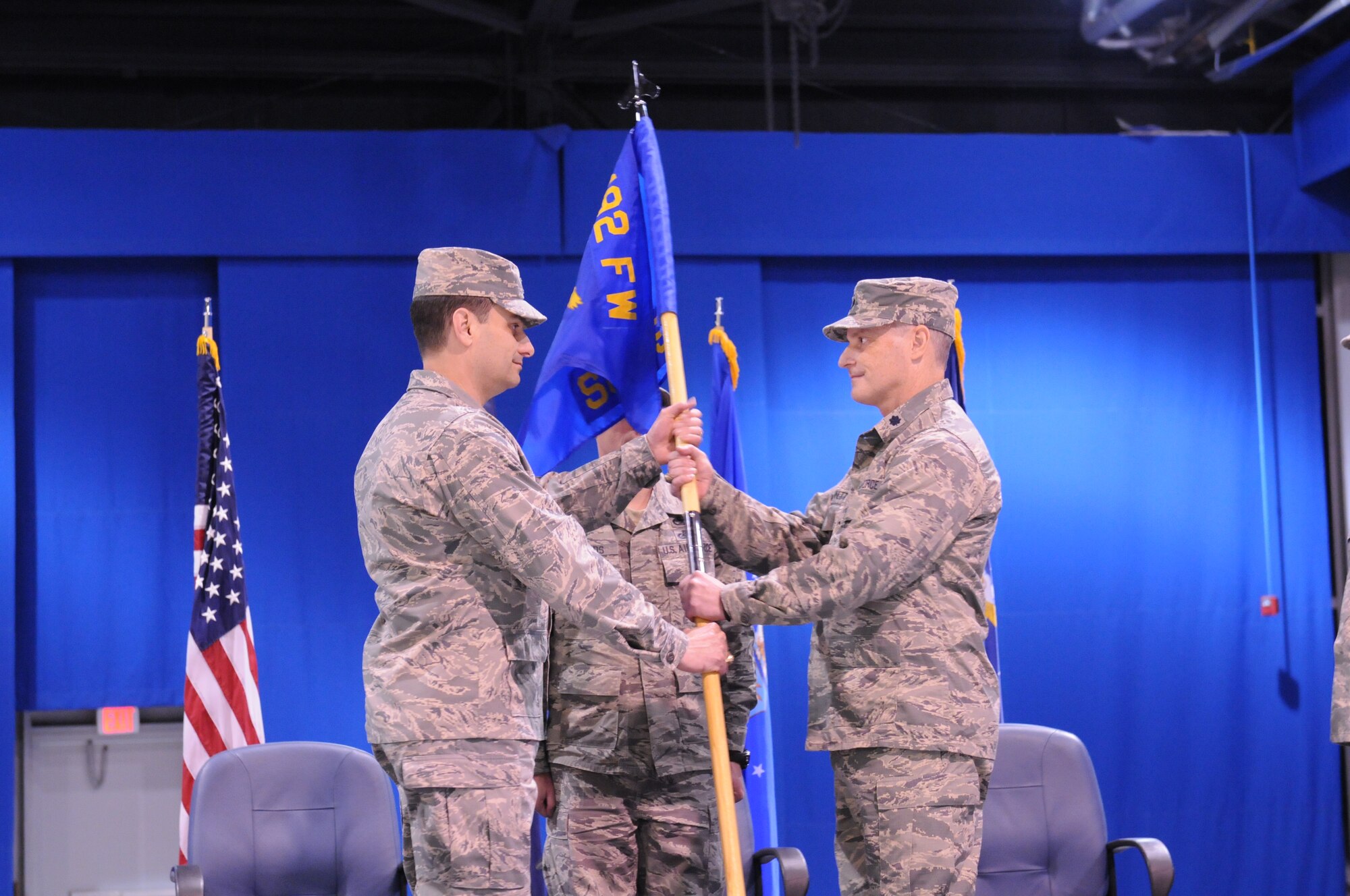 The Virginia Air National Guard's 192nd Supply Chain Management Squadron celebrated a change of command during a ceremony held Feb. 22, at Joint Base Langley-Eustis where Lt. Col. David W. Bennett assumed command of the SCMS from Maj. Mark W. Widener. (U.S. Air National Guard photo by Tech. Sgt. Meghan Skrepenski/Released)