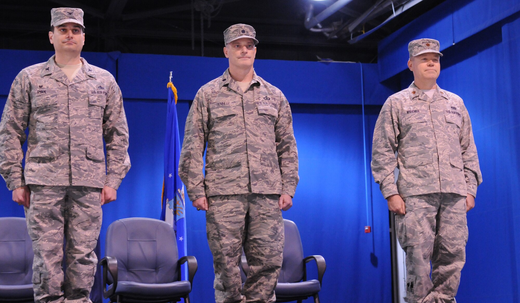 The Virginia Air National Guard's 192nd Supply Chain Management Squadron celebrated a change of command during a ceremony held Feb. 22, at Joint Base Langley-Eustis where Lt. Col. David W. Bennett assumed command of the SCMS from Maj. Mark W. Widener. (U.S. Air National Guard photo by Tech. Sgt. Meghan Skrepenski/Released)