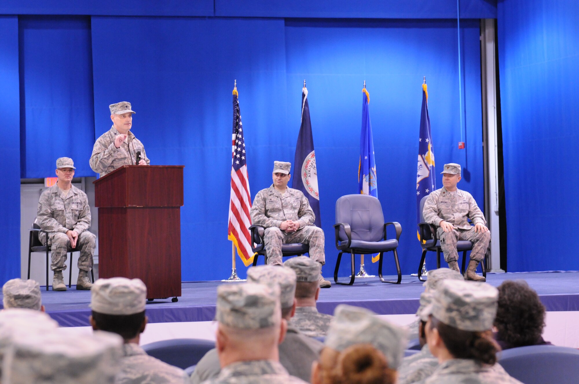 The Virginia Air National Guard's 192nd Supply Chain Management Squadron celebrated a change of command during a ceremony held Feb. 22, at Joint Base Langley-Eustis where Lt. Col. David W. Bennett assumed command of the SCMS from Maj. Mark W. Widener. (U.S. Air National Guard photo by Tech. Sgt. Meghan Skrepenski/Released)