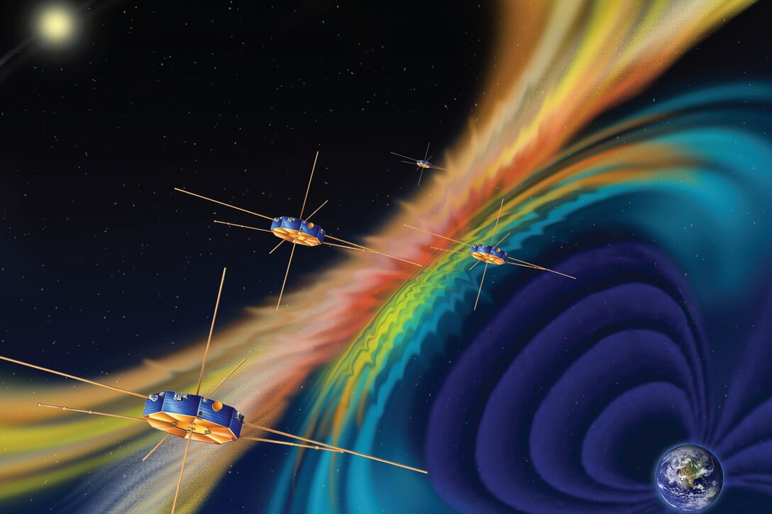 Artist's concept of the Magnetospheric Multiscale observatory fleet with rainbow magnetic lines. Artwork courtesy NASA 
