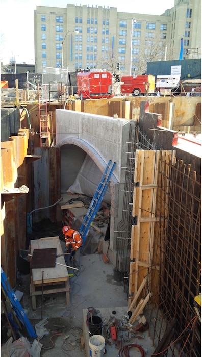 Headwall in place on top of the precast concrete section at the Riverway Culvert