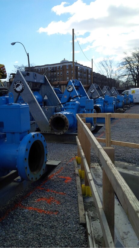 Six pumps in place for the river diversion of the Upper Fens Pond as part of the Muddy River Flood Risk Management project, Boston, Massachusetts.