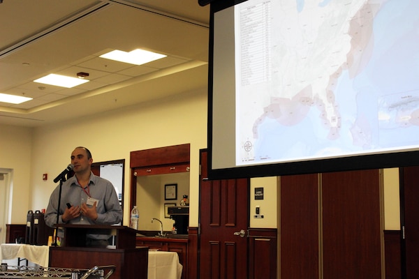 National Hurricane Program Manager Chris Penney, Planning Division, U.S. Army Corps of Engineers, Baltimore District, speaks about storm surge forecasting to ‎more than 70 participants from various agencies to kick off the two-day Maryland Coastal Flood Workshop in Chester, Maryland, March 11, 2015. Penney works on hurricane evacuation studies with our partners.