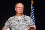 Air Force Gen. Craig McKinley, chief of the National Guard Bureau, speaks to a room of Air Guard medical personnel during the 2010 Air National Guard Readiness Frontiers conference in Minneapolis, Minn., June 19, 2010. He talked about the exciting things that are happening in the medical field and larger concerns, such as budgetary and equipment issues across the entire National Guard.