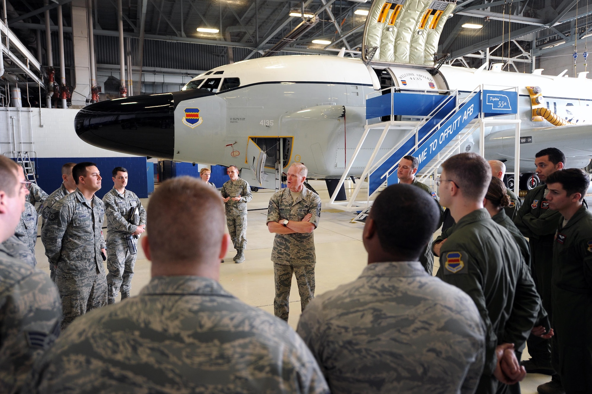 Chief Master Sgt. of the Air Force James A. Cody speaks with maintainers and aircrew from the RC-135 V/W Rivet Joint March 12, 2015, on Offutt Air Force Base, Neb. The 55th Wing’s intelligence, surveillance and reconnaissance units have been deploying nonstop for nearly 25 years. (U.S. Air Force photo/Josh Plueger)