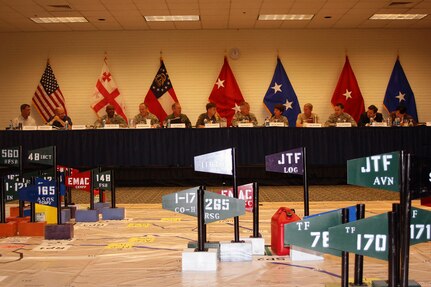 Leaders from across the Georgia Department of Defense and associated emergency management agencies conduct a rehearsal of concept drill during a hurricane readiness exercise.