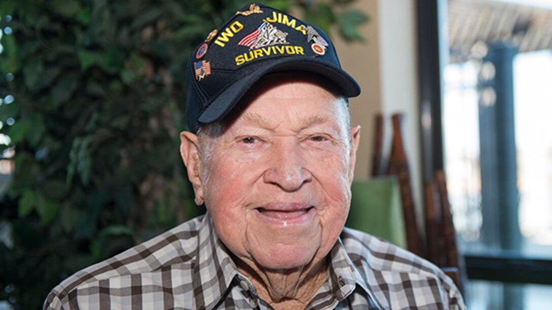 James "Jim" Krodel, a Marine veteran and survivor of the battle for Iwo Jima from Quitman, Texas, poses for a photo during the Iwo Jima Battle Survivors and Family Association 70th anniversary reunion at Wichita Falls, Texas, February 14, 2015. Krodel served in the Marines  1944-1946.