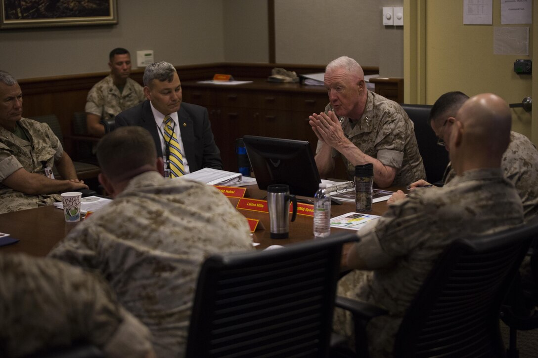 Lt. Gen. Richard P. Mills, commander of Marine Forces Reserve, gives his opening remarks at the 2015 Reserve General Officer Conference at Marine Corps Support Facility New Orleans, March 14, 2015. All Reserve general officers attended the conference to address matters affecting Reserve component Marines and issues pertinent to the readiness and relevance of MARFORRES.