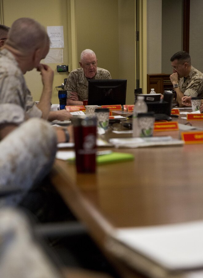 Lt. Gen. Richard P. Mills, commander of Marine Forces Reserve, gives his opening remarks at the 2015 Reserve General Officer Conference at Marine Corps Support Facility New Orleans, March 14, 2015. All Reserve general officers attended the conference to address matters affecting Reserve component Marines and issues pertinent to the readiness and relevance of MARFORRES.