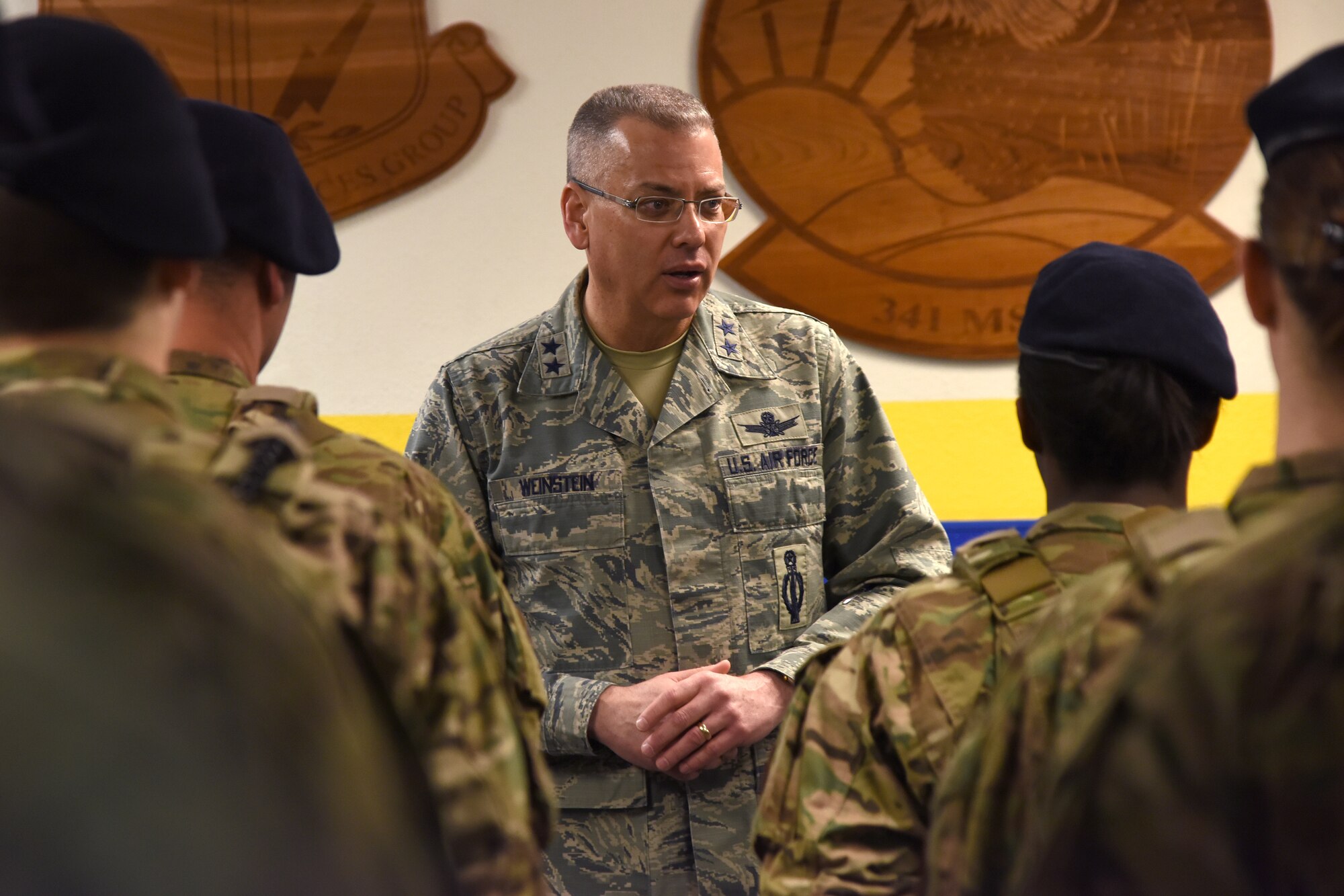 Maj. Gen. Jack Weinstein, Task Force 214 and 20th Air Force commander, visits Airmen of the 341st Security Forces Group March 12, 2015, at Malmstrom Air Force Base, Mont. Weinstein is responsible for the nation's intercontinental ballistic missile force, organized into three operational wings with more than 10,300 people.  (U.S. Air Force photo/Chris Willis)