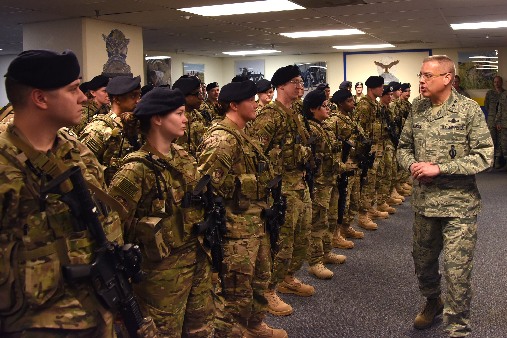 Maj. Gen. Jack Weinstein, Task Force 214 and 20th Air Force commander, visits Airmen of the 341st Security Forces Group March 12, 2015, at Malmstrom Air Force Base, Mont. Weinstein is responsible for the nation's intercontinental ballistic missile force, organized into three operational wings with more than 10,300 people.  (U.S. Air Force photo/Chris Willis)