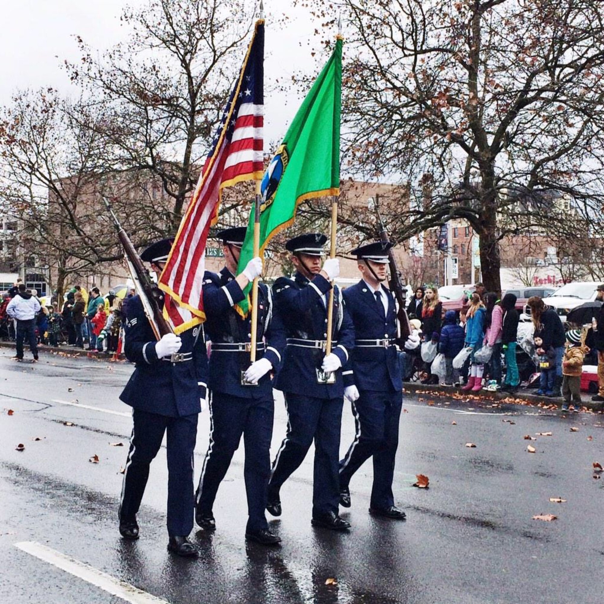 Fairchild Honor Guard marches on to start the St. Patrick’s Day Parade March 14, 2015, held in downtown Spokane, Wash. The parade was organized by The Friendly Sons of St. Patrick, a local non-profit organization started in 1979, and is open for total community involvement. (U.S. Air Force photo/Senior Airman Janelle Patiño)(This photo was created using Instagram)