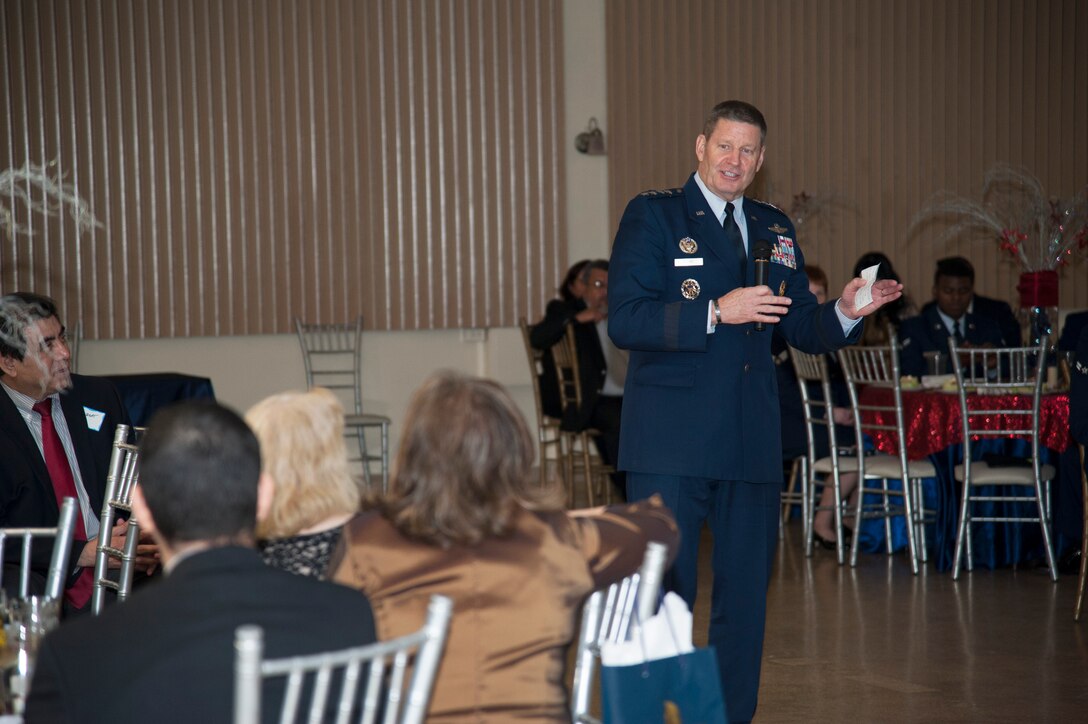 Gen. Robin Rand, commander of Air Education and Training Command, speaks at the Del Rio Chamber of Commerce Annual Awards Banquet in Del Rio, Texas, March 12, 2015. Rand was asked to be the evening’s keynote speaker by members of the city’s chamber of commerce and military affairs association as they honored Laughlin’s annual award winners. The banquet is a tradition in Del Rio and shows the close relationship between the base and the community. (U.S. Air Force photo by Staff Sgt. Nathan Maysonet)