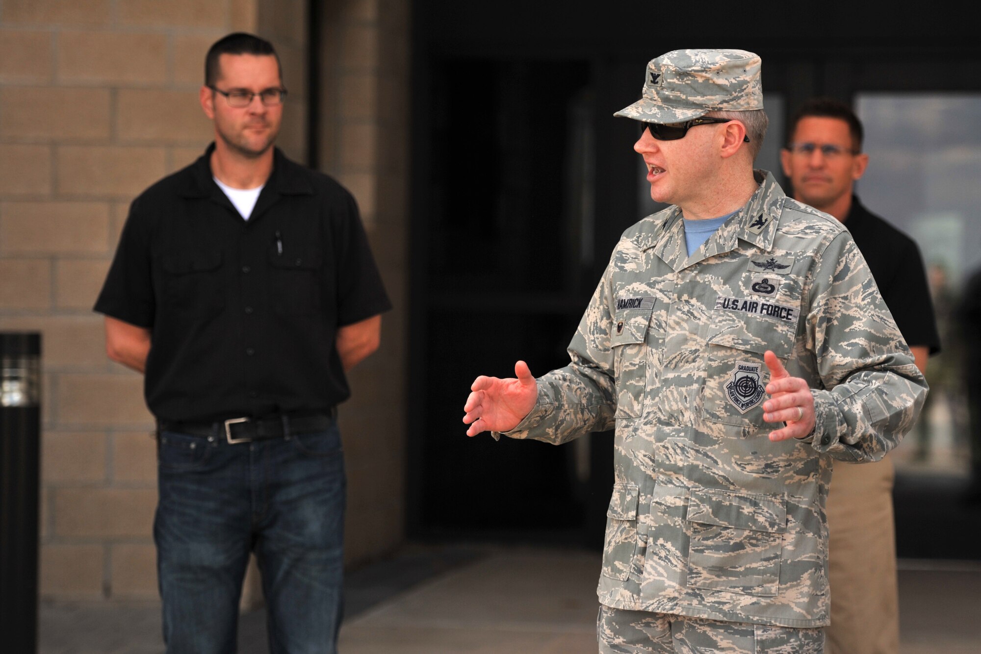 GOODFELLOW AIR FORCE BASE, Texas – Col. Terry J. Hamrick Jr., 17th Training Wing Vice Commander, talks to motorcycle  safety representatives at the Norma Brown building March 13. Hamrick emphasized the importance of keeping automobile drivers aware of motorcyclist’s presence. (U.S. Air Force photo/ Senior Airman Scott Jackson)