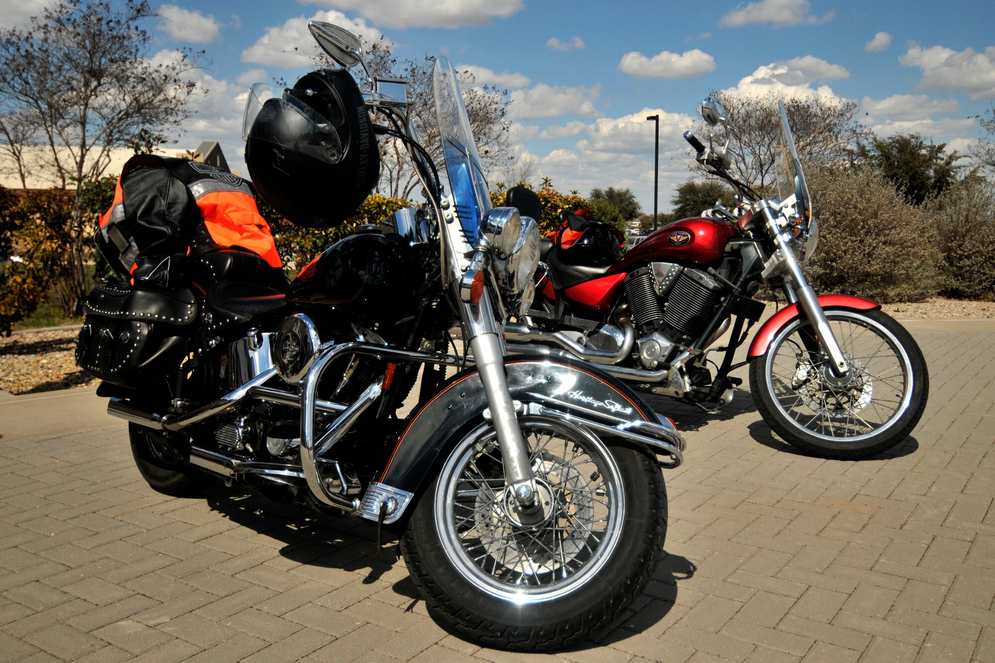 GOODFELLOW AIR FORCE BASE, Texas – Motorcycles stand next to one another at the Norma Brown building during the bi-annual motorcycle safety representative meeting March 13. Motorcyclists were encouraged to participate in a group motorcycle ride around base to increase driver awareness for riders across the Air Force, and increase rider safey accountability. (U.S. Air Force photo/ Senior Airman Scott Jackson)
