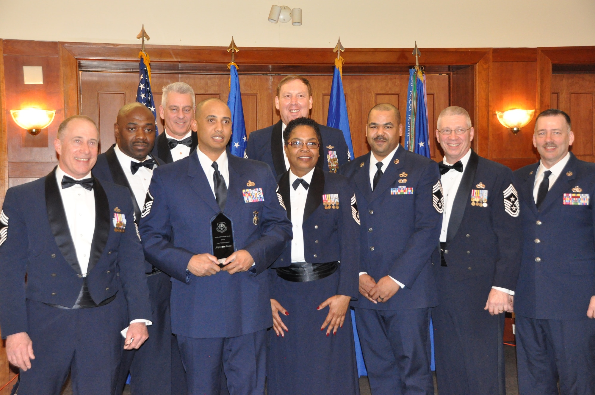 Master Sgt. Bryant Hamlor, 459th Security Forces Squadron, wins the 459th Chief's Group Core Values Award at the 459 ARW Annual Awards Banquet on Saturday, March 7, 2015. He is flanked by members of the 459th Chief's Group. (Air Force Photo / SrA Kristin Kurtz)
