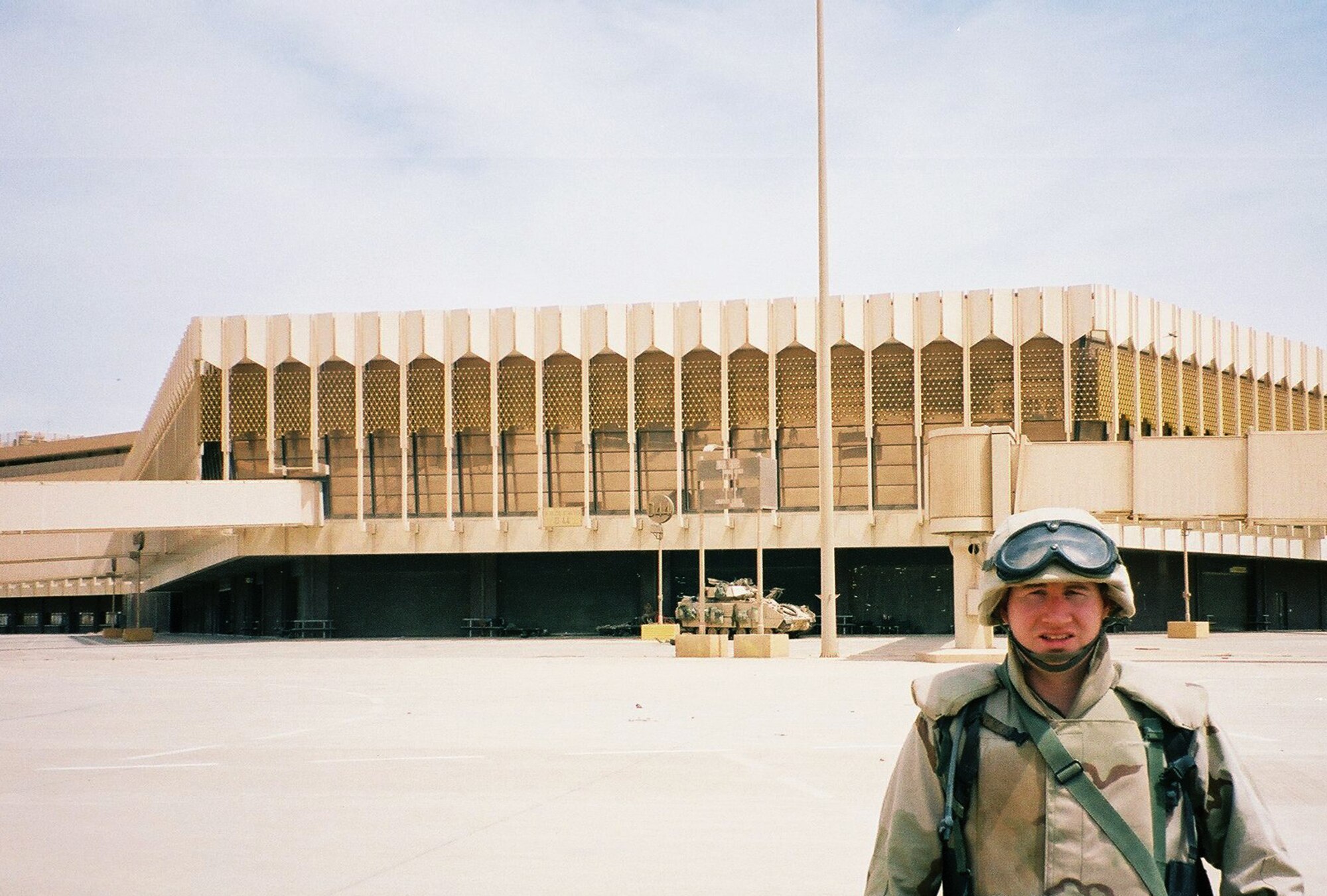 Capt. Terry J. Hamrick Jr., 315th Training Squadron flight commander, poses for a photo while deployed in Iraq, with the Army V Corps, at Baghdad International Airport April 2003. Hamrick was one of the first Air Force Intelligence specialists to deploy with an Army unit inside Iraq and is now the 17th Training Wing Vice Commander at Goodfellow Air Force Base. (Courtesy Photo)