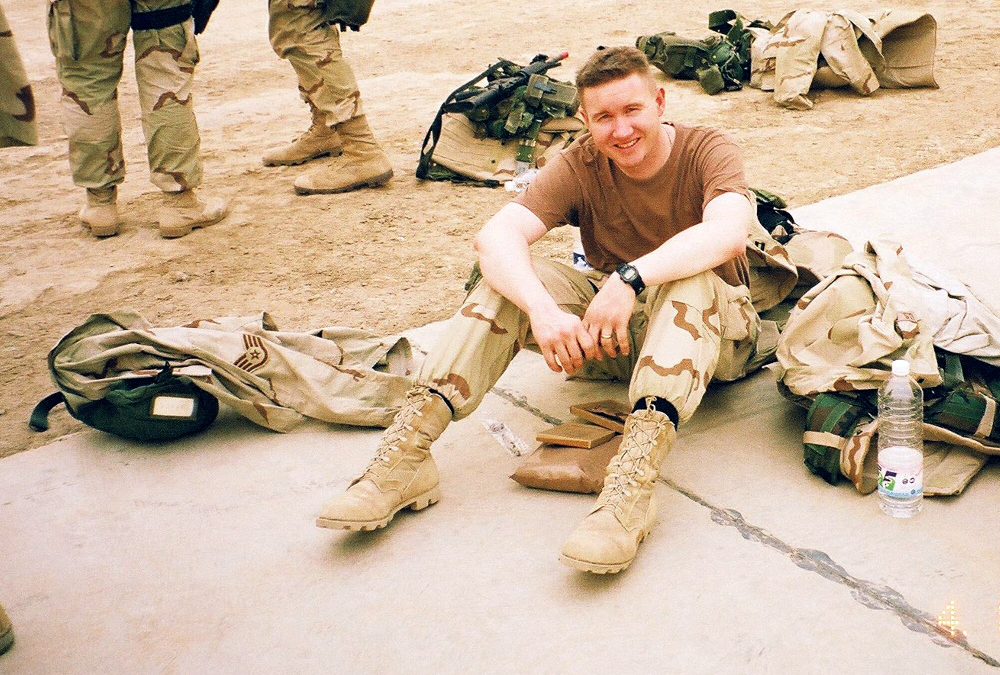 Capt. Terry J. Hamrick Jr., 315th Training Squadron flight commander, takes a break while deployed in Iraq, with the Army V Corps, April 2003. Hamrick was one of the first Air Force Intelligence specialists to deploy with an Army unit inside Iraq and is now the 17th Training Wing Vice Commander at Goodfellow Air Force Base. (Courtesy Photo)