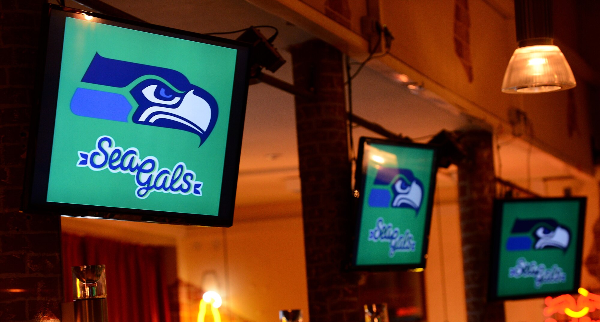 Television screens display the Seattle Seahawks logo during a performance by the Sea Gals Show Group, cheerleaders for the Seahawks, at the Brick House on Spangdahlem Air Base, Germany, March 14, 2015. The Sea Gals Show Group performed dance routines, interacted with crowd members and gave away prizes during the show. (U.S. Air Force photo by Airman 1st Class Luke Kitterman/Released)