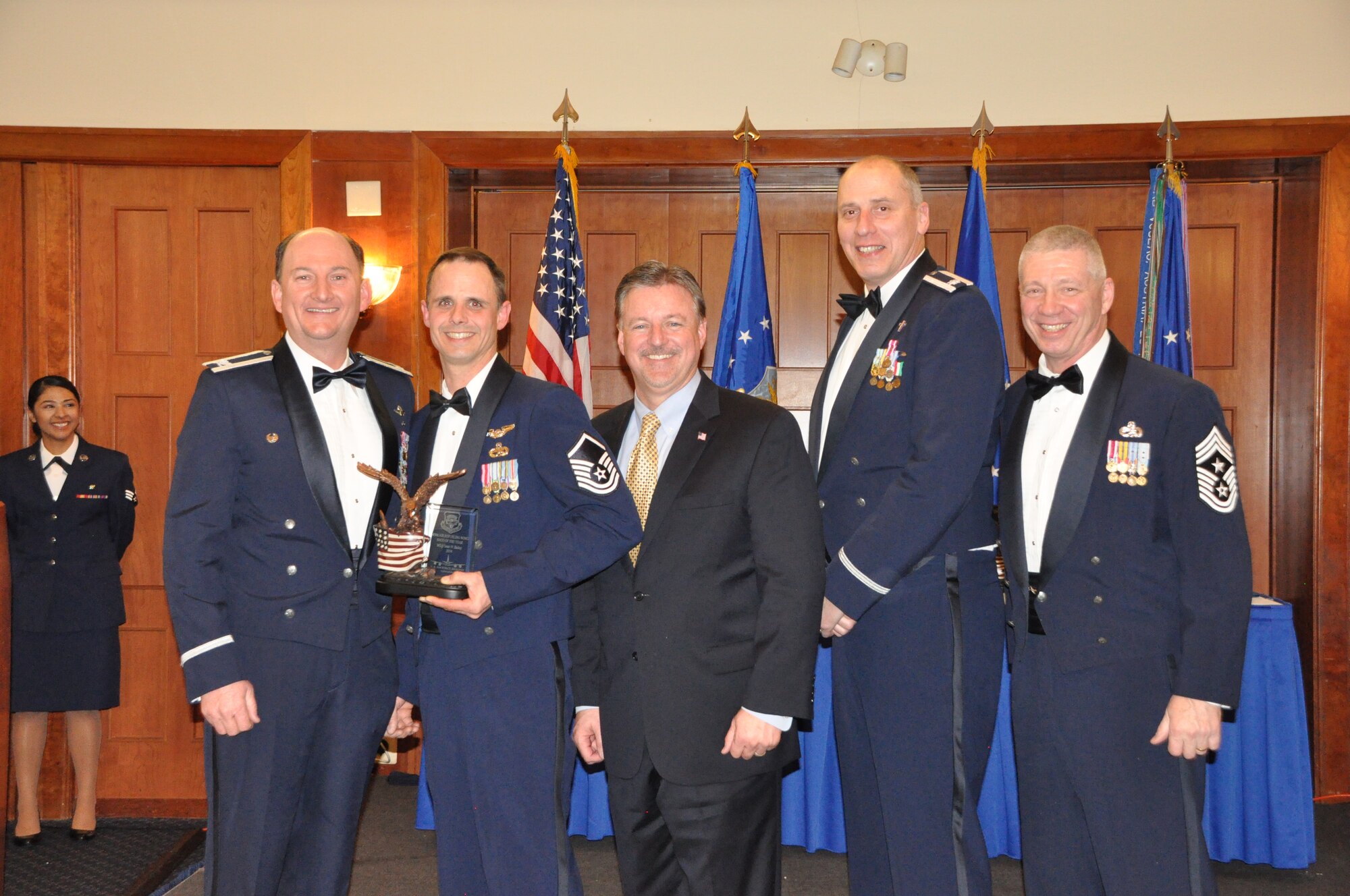 Master Sgt. Sean Bailey, 459th Aircraft Maintenance Squadron, wins the Senior Non-Commissioned Officer of the Year award at the 459 ARW Annual Awards Banquet on Saturday, March 7, 2015. (Air Force Photo / SrA Kristin Kurtz)