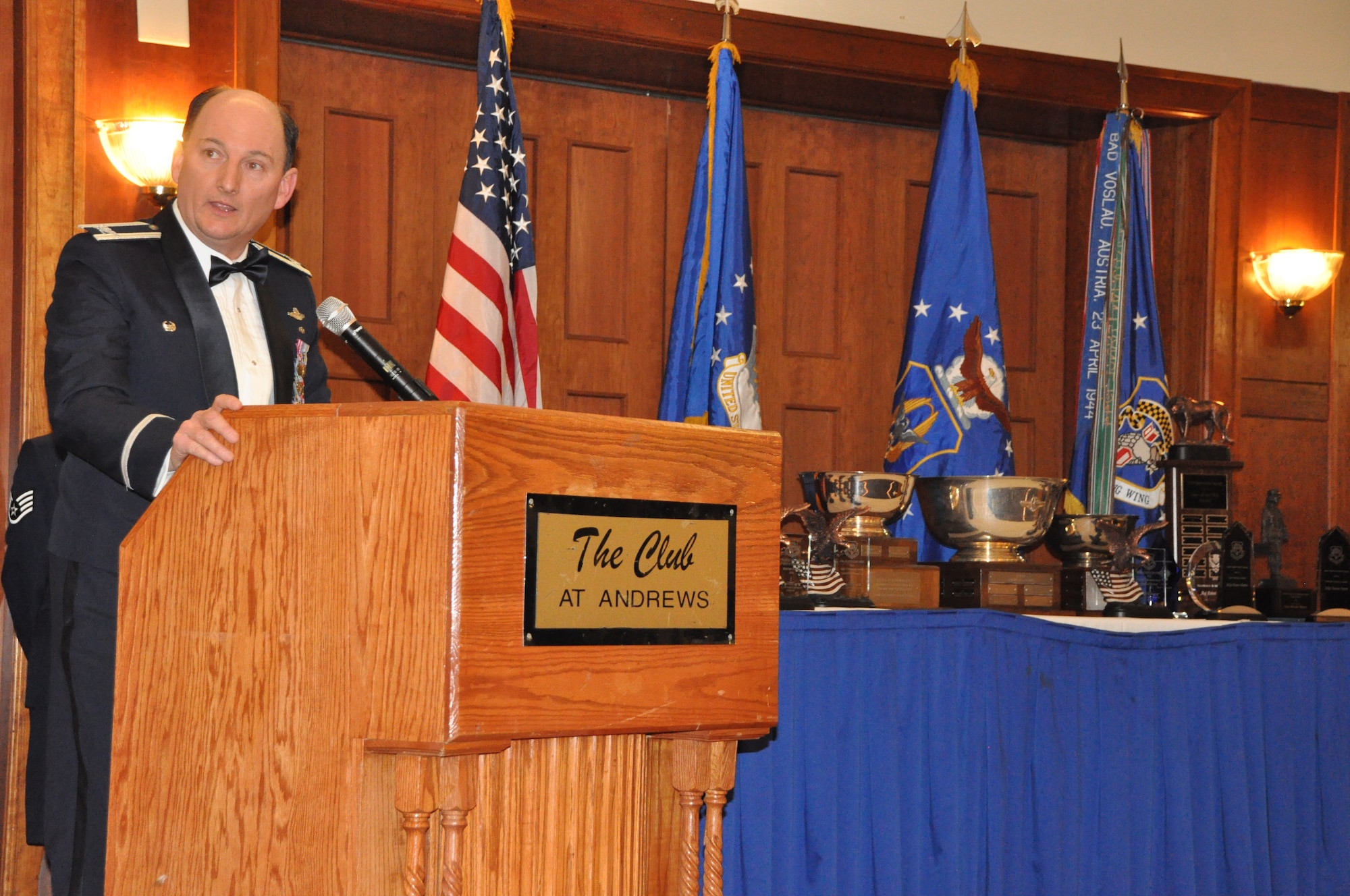 The 459th Air Refueling Wing commander, Col. Thomas K. Smith kicks off the festivities at the 459 ARW Annual Awards Banquet on Saturday, March 7, 2015. (Air Force Photo / SrA Kristin Kurtz)