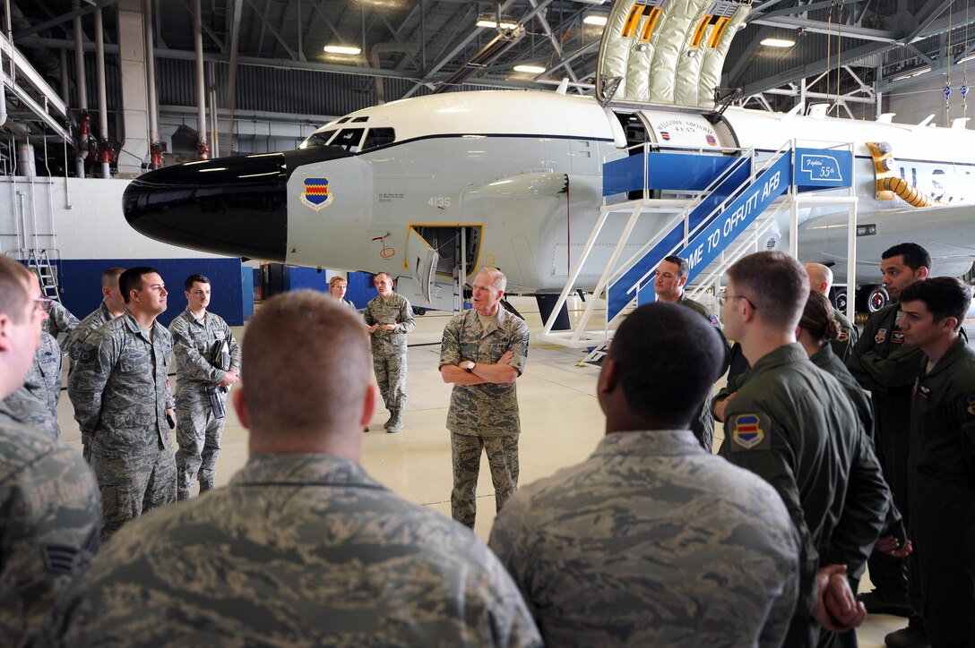 Chief Master Sgt. of the Air Force James Cody speaks with maintainers and aircrew from the RC-135 V/W Rivet Joint March 12 at the Bennie Davis Maintenance Facility, Offutt Air Force Base, Neb. The 55th Wing’s intelligence, surveillance and reconnaissance units have been deploying non-stop for nearly 25 years. (U.S. Air Force photo by Josh Plueger)