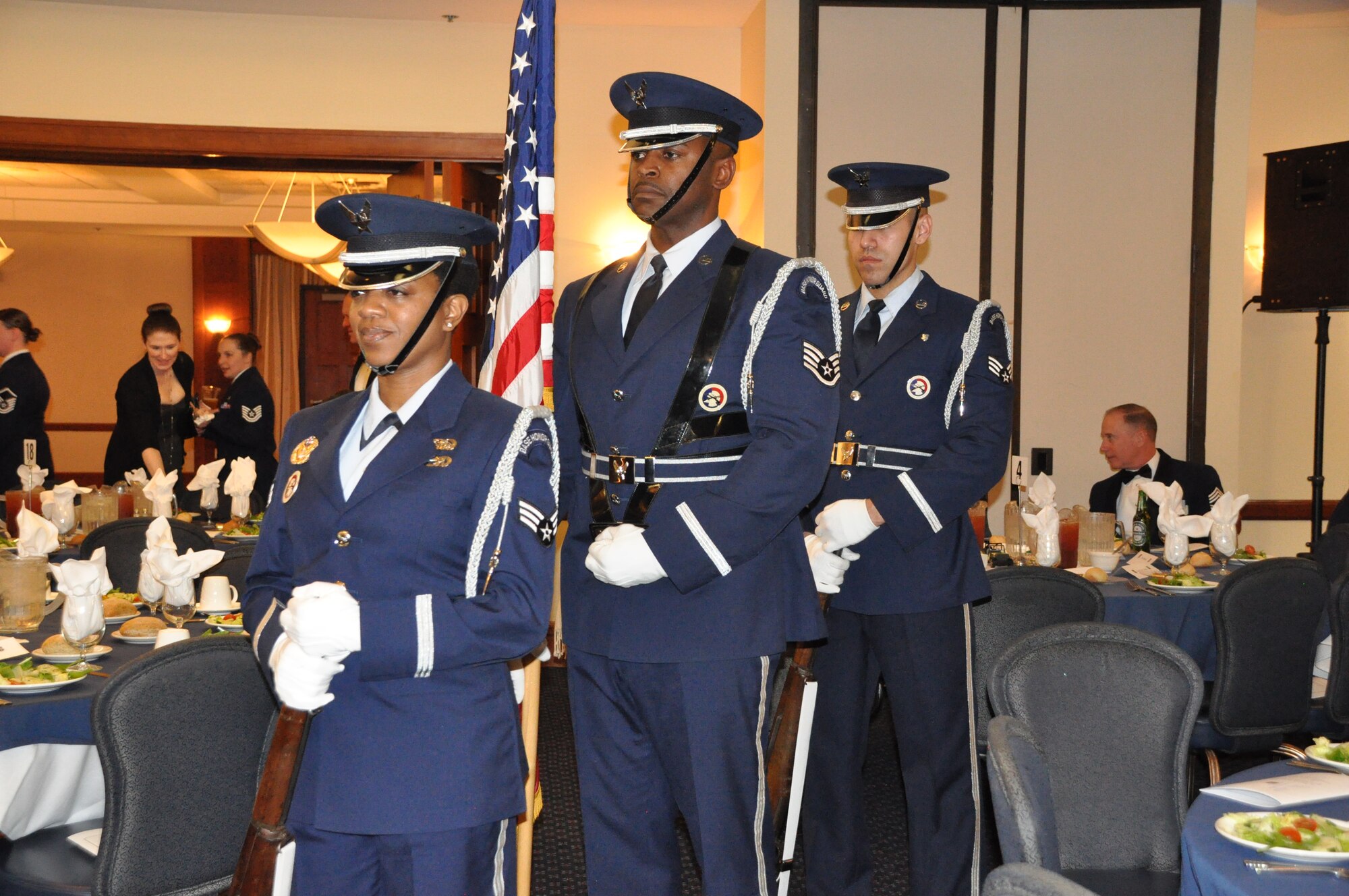 The 459th Air Refueling Wing Honor Guard prepares for opening ceremonies at the 459 ARW Annual Awards Banquet on Saturday, March 7, 2015. (Air Force Photo / SrA Kristin Kurtz)