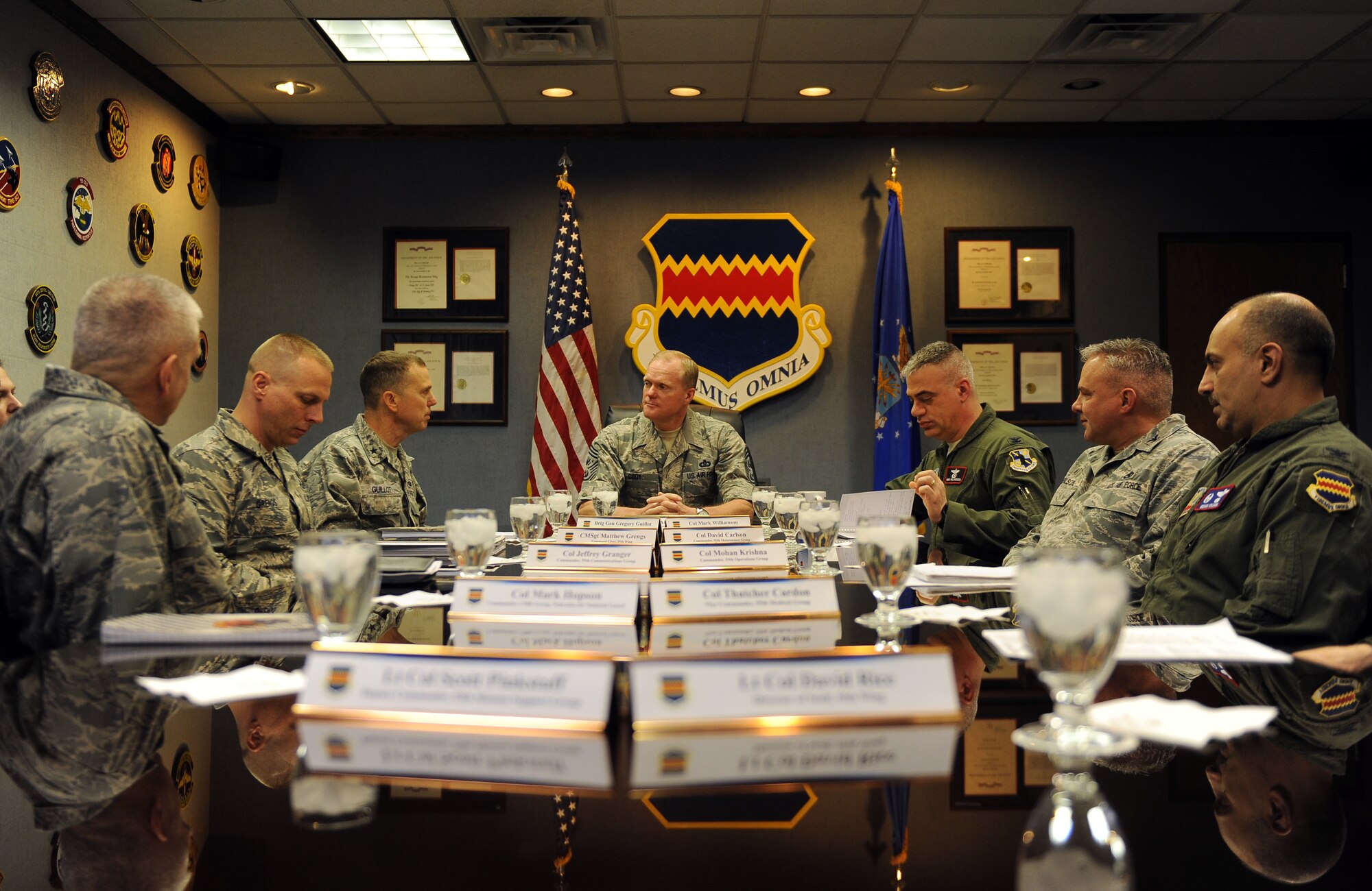 Chief Master Sgt. of the Air Force James Cody receives a mission brief and hosts a question and answer session with 55th Wing leadership March 11 in the wing headquarters conference room at Offutt Air Force Base, Neb. As the CMSAF, it is Cody’s role to act as a liaison between the bases and higher headquarters. (U.S. Air Force photo by Josh Plueger)