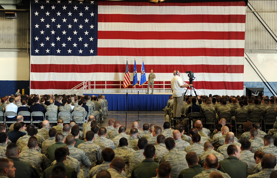 Chief Master Sgt. of the Air Force James Cody hosts an Enlisted All Call for technical sergeants and below March 11 at the Bennie Davis Maintenance Facility, Offutt Air Force Base, Neb. Cody spent several days visiting Team Offutt learning about the mission of the wing and partner units, as well as interacting with Airmen. (U.S. Air Force photo by Josh Plueger)