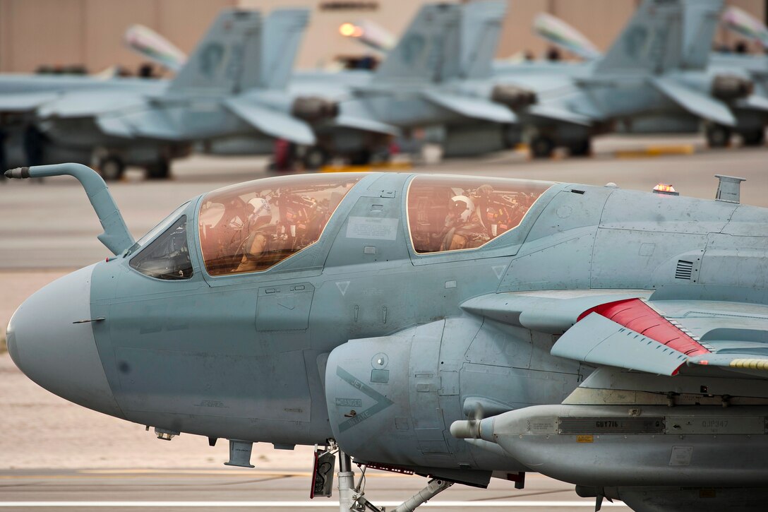 U.S. Marine Corps aircrew members operate an EA-6B Prowler aircraft during Exercise Red Flag 15-2 on Nellis Air Force Base, Nev., March 11, 2015. The Marines are assigned to Marine Tactical Electronic Warfare Squadron 3, Marine Corps Air Station Cherry Point, N.C.