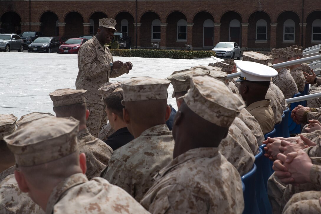 The 18th Sergeant Major of the Marine Corps, Sgt. Maj. Ronald Green, addresses Marines from Marine Barracks Washington, D.C. March 16, 2015, (U.S. Marine Corps photo by Lance Cpl. Christian Varney/Released)