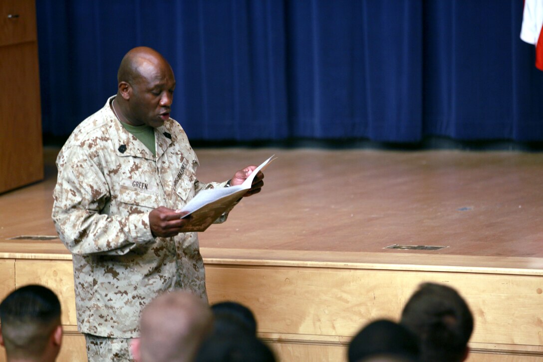 Sgt. Maj. Ronald L. Green, the 18th Sergeant Major of the Marine Corps, addresses Marines assigned to Henderson Hall in the Joe Rosenthal Theater at Joint Base Myer-Henderson Hall, Va., March 11, 2015. (U.S. Marine Corps photo by Sgt. Marionne T. Mangrum) 