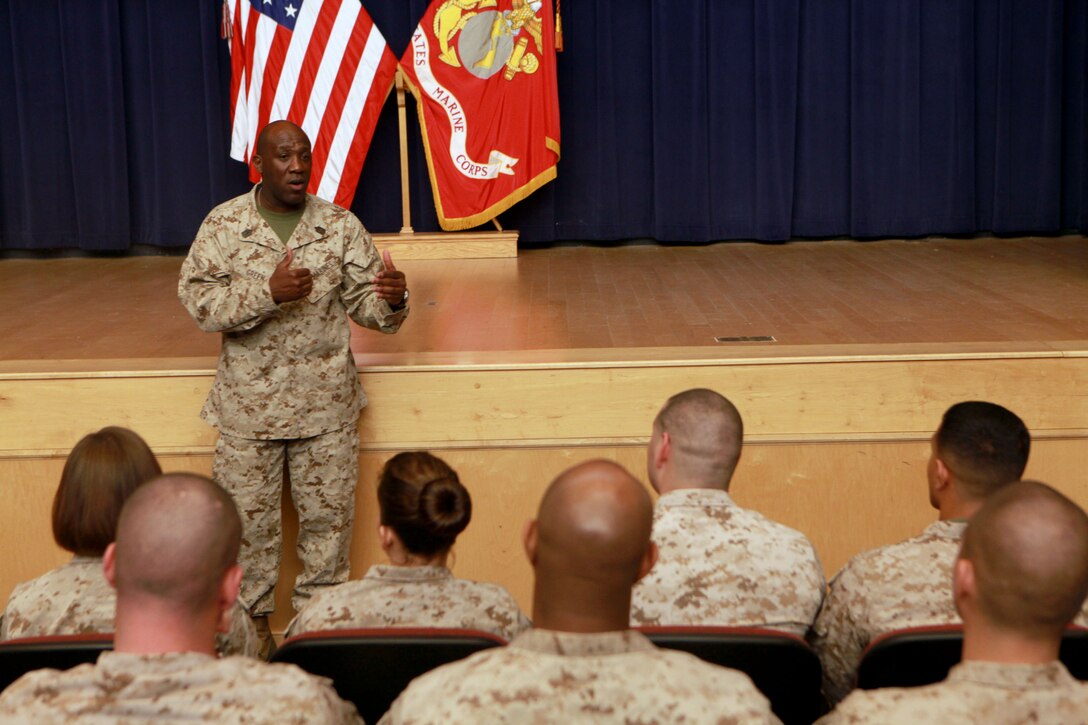 Sgt. Maj. Ronald L. Green, the 18th Sergeant Major of the Marine Corps, addresses Marines assigned to Henderson Hall in the Joe Rosenthal Theater at Joint Base Myer-Henderson Hall, Va., March 11, 2015. (U.S. Marine Corps photo by Sgt. Marionne T. Mangrum) 
