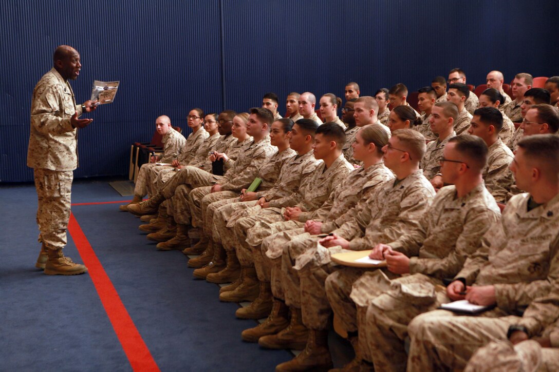 Sgt. Maj. Ronald L. Green, the 18th Sergeant Major of the Marine Corps, addresses Marines assigned to Henderson Hall in the Joe Rosenthal Theater at Joint Base Myer-Henderson Hall, Va., March 11, 2015. (U.S. Marine Corps photo by Sgt. Marionne T. Mangrum) 