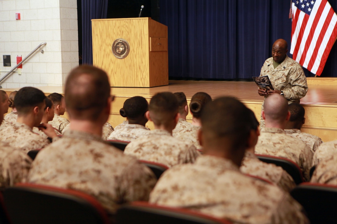 Sgt. Maj. Ronald L. Green, the 18th Sergeant Major of the Marine Corps, addresses Marines assigned to Henderson Hall in the Joe Rosenthal Theater at Joint Base Myer-Henderson Hall, Va., March 11, 2015. (U.S. Marine Corps photo by Sgt. Marionne T. Mangrum) 