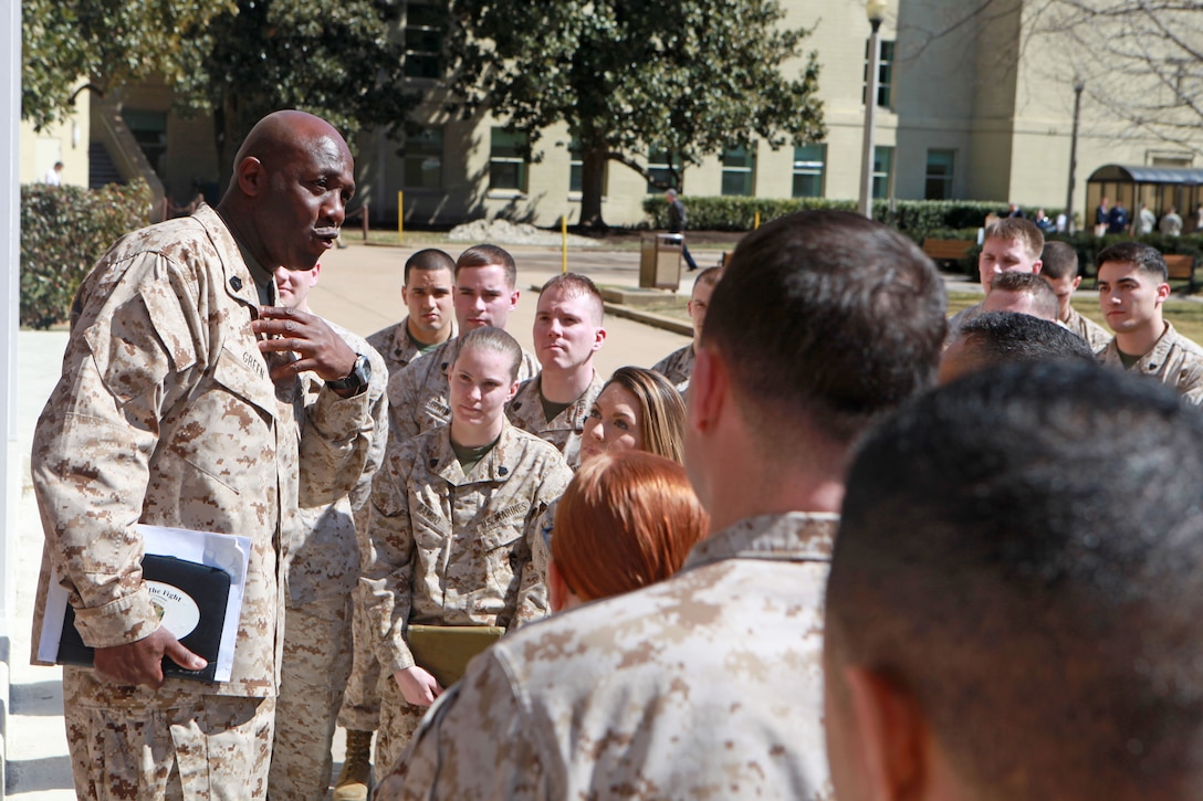 Sgt. Maj. Ronald L. Green, the 18th Sergeant Major of the Marine Corps, addresses Marines assigned to the Pentagon in Washington, D.C., March 12, 2015. (U.S. Marine Corps photo by Sgt. Marionne T. Mangrum)