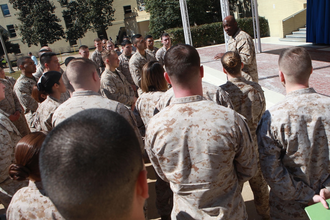 Sgt. Maj. Ronald L. Green, the 18th Sergeant Major of the Marine Corps, addresses Marines assigned to the Pentagon in Washington, D.C., March 12, 2015. (U.S. Marine Corps photo by Sgt. Marionne T. Mangrum)