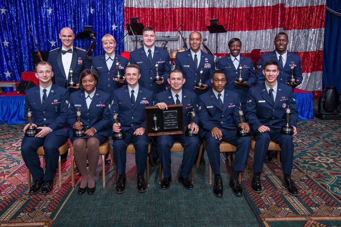 Winners of the Mission Audition 2015 competition gather for a group photo at Joint Base San Antonio-Lackland, Texas. Sixty-one active duty, Guard and Reserve members from across the Air Force competed in six categories, and the selection of a Best of Show winner. (U.S. Air Force photo)