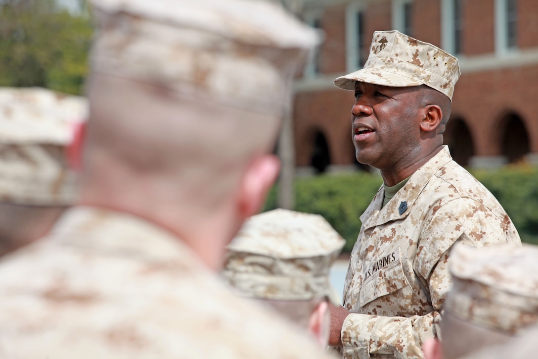 Sgt. Maj. Ronald L. Green, the 18th Sergeant Major of the Marine Corps, addresses Marines assigned to Marine Barracks Washington, D.C., March 16, 2015. (U.S. Marine Corps photo by Sgt. Marionne T. Mangrum)