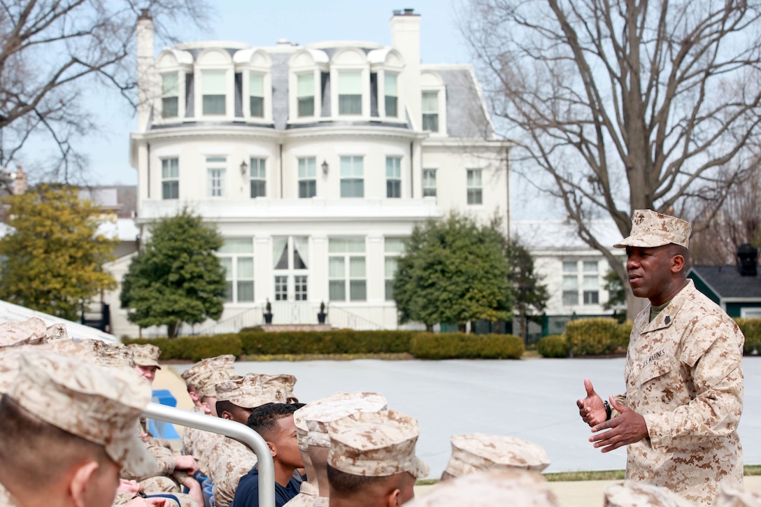 Sgt. Maj. Ronald L. Green, the 18th Sergeant Major of the Marine Corps, addresses Marines assigned to Marine Barracks Washington, D.C., March 16, 2015. (U.S. Marine Corps photo by Sgt. Marionne T. Mangrum)