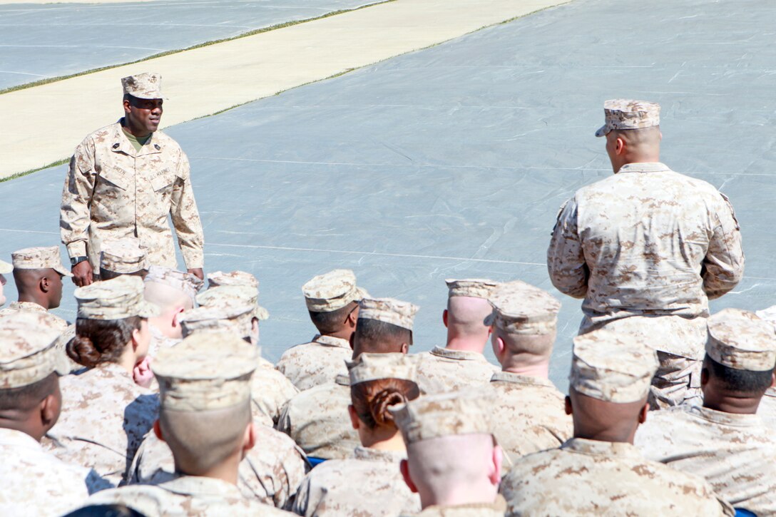 Sgt. Maj. Ronald L. Green, the 18th Sergeant Major of the Marine Corps, addresses Marines assigned to Marine Barracks Washington, D.C., March 16, 2015. (U.S. Marine Corps photo by Sgt. Marionne T. Mangrum)