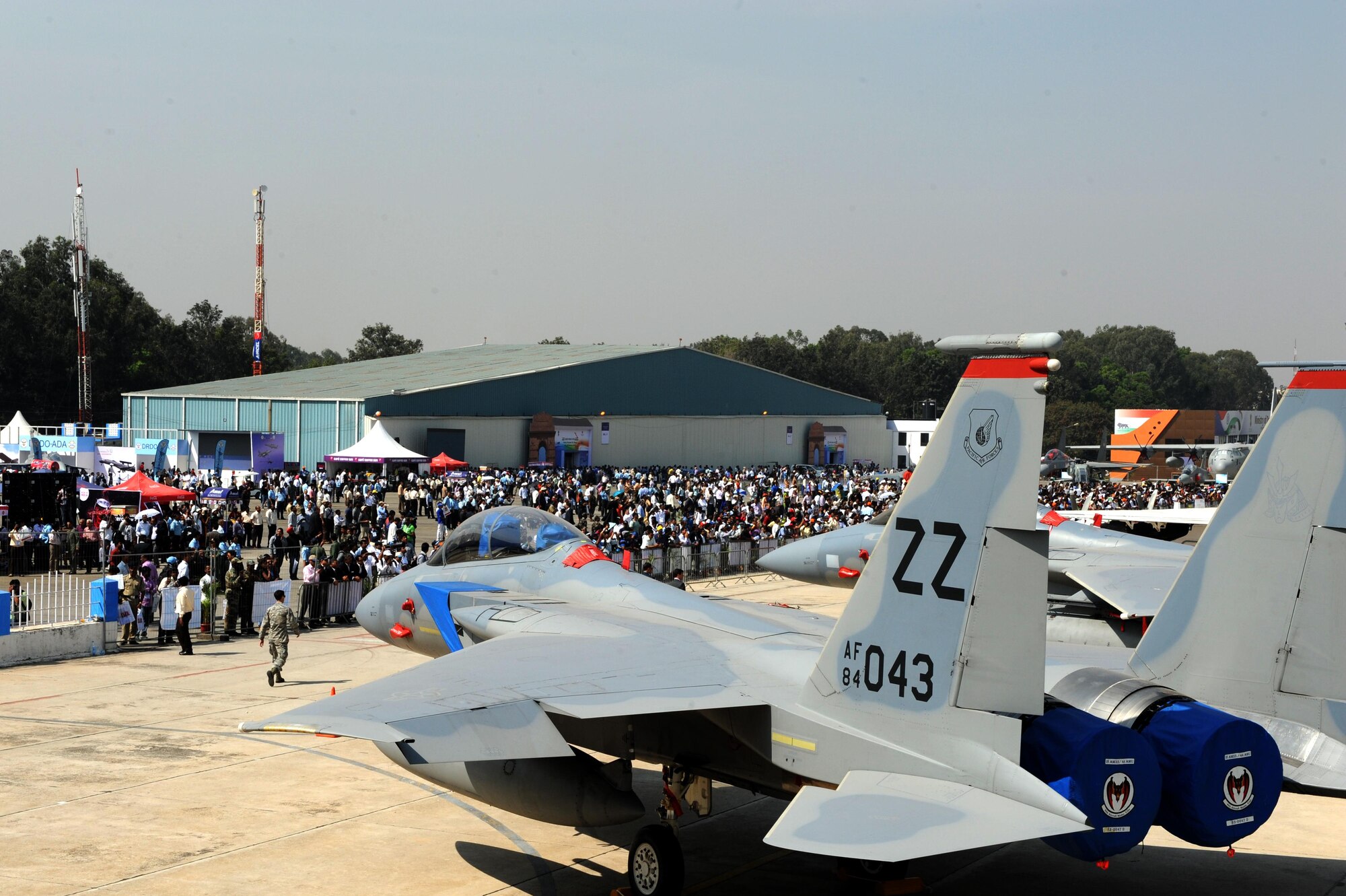 Two F-15 Eagle sit on static display during Aero India 15, Feb. 19, 2015, at Air Force Station Yelahanka in Bengaluru, India. The F-15s are assigned to the 44th Fighter Squadron at Kadena Air Base, Japan. Aero India is India's premier aerospace exhibition and airshow and allowed the U.S. to demonstrate its commitment to the security of the Indo-Asia-Pacific region and showcase defense aircraft and equipment, which ultimately contributes toward better regional cooperation and tactical compatibility with other countries. This year marks the 10th iteration of Aero India since its inception in 1996.  (U.S. Air Force photo/Airman 1st Class Stephen G.Eigel)