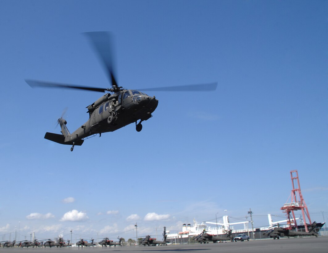 A Black Hawk lifts off at Blount Island Command, Jacksonville, Fla., with pilots from the 101st Combat Aviation Brigade, Fort Campbell, Ky., March 10. 