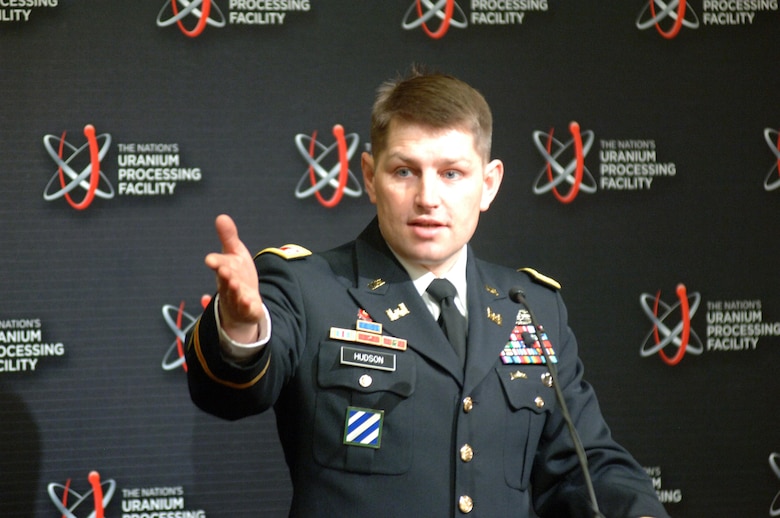 Lt. Col. John L. Hudson, U.S. Army Corps of Engineers Nashville District commander, speaks at the Site Readiness Celebration March 13, 2015 at the New Hope Center located in the Y-12 National Security Complex in Oak Ridge, Tenn. The Nashville District administrated construction of the Bear Creek Road extension, which included the construction of a new bridge and mile of roadway, and relocation of several potable water lines.