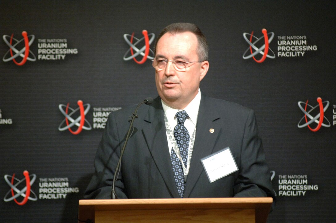 Brian Reilly, director of the Uranium Processing Facility project at the Y-12 National Security Complex in Oak Ridge, Tenn., speaks at the Site Readiness Celebration March 13, 2015 at the New Hope Center located in the Y-12 National Security Complex in Oak Ridge, Tenn. The Nashville District administrated construction of the Bear Creek Road extension, which included the construction of a new bridge and mile of roadway, and relocation of several potable water lines.