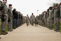 Military members assigned to the 802nd Security Forces Squadron at Joint Base San Antonio-Lackland render a final salute in honor of military working dog Daysi, Feb. 27, at the Holland MWD Hospital. Due to an aggressive cancer and an inoperable malignant tumor, MWD Daysi was euthanized that afternoon. As tradition, a police procession is followed by a final salute to MWDs prior to euthanasia. (U.S. Air Force photo by Airman 1st Class Justine Rho/released)