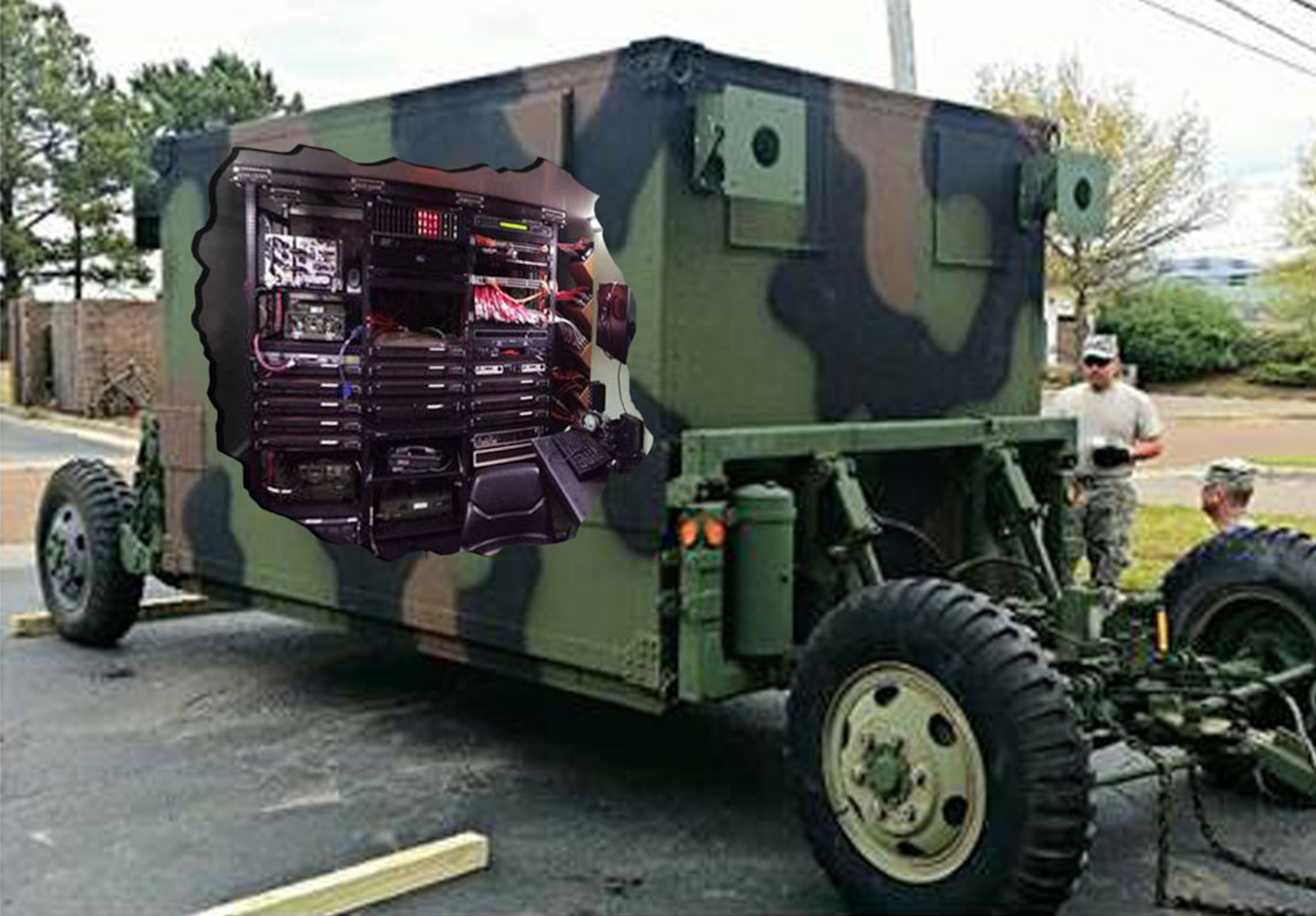 The Control and Reporting Center program office at Hanscom Air Force Base, Mass., is working to upgrade the CRC Operations Module. The OM, shown in the photo illustration
above, is often referred to as the "heart" of the system and provides a comprehensive air picture by integrating input from air- and ground-based radars. The upgrades will bring the OM up-to-date with current technology and make it more easily transportable by having all systems in one shelter. (Photo illustration by Frank Landry)
