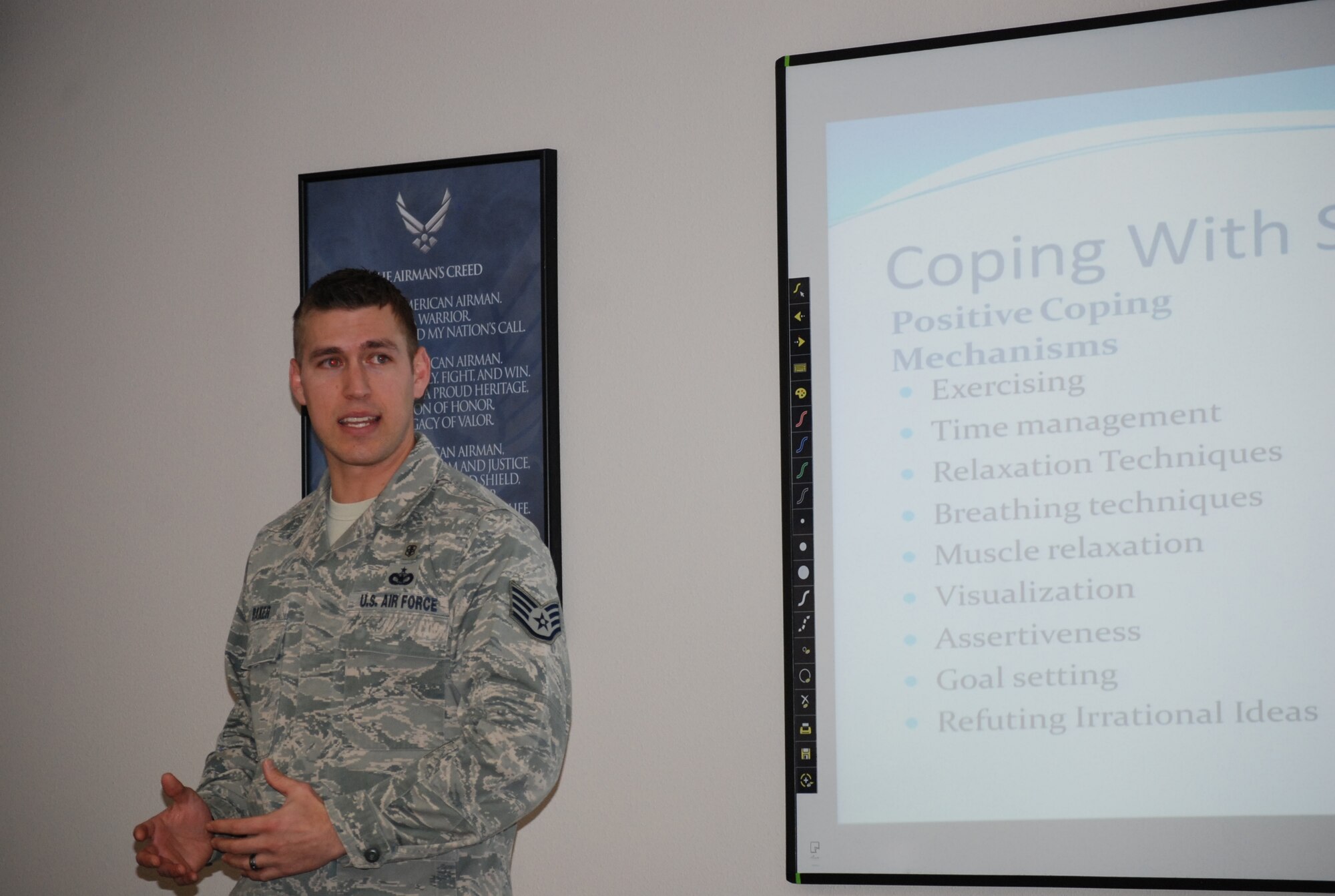 PETERSON AIR FORCE BASE, Colo. -- Staff Sgt. James Baker, NCO in Charge of Preventative Health Assessments and Communicable Diseases, shares methods for coping with stress in a stress management techniques class at the Force Development Center. (U.S. Air Force photo by Dave Smith)