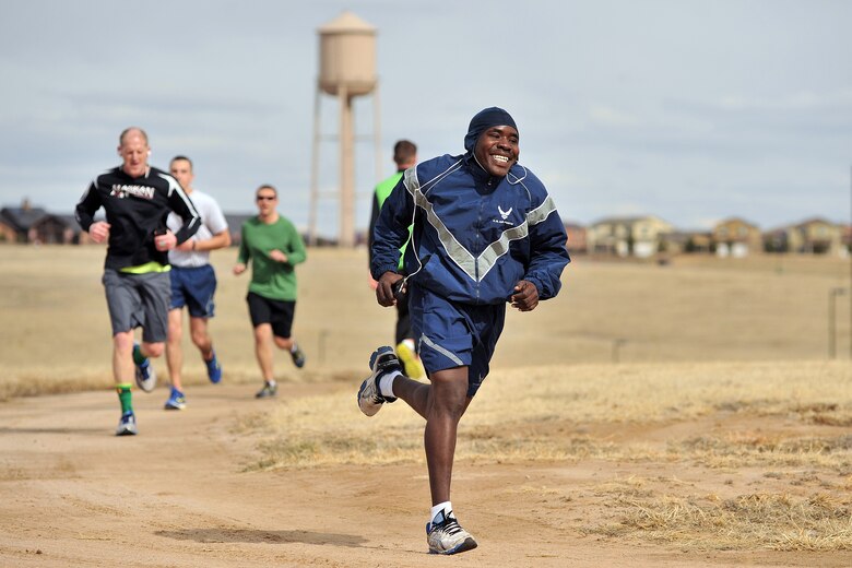 Airmen and civilians participate in the St. Paddy’s Day run March 13, 2015, at Schriever Air Force Base, Colo. More than 100 Schriever members participated in the run. (U.S. Air Force photo/Dennis Rogers)