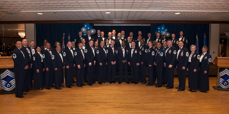 PETERSON AIR FORCE BASE, Colo. – Team Pete’s seniors selected for chief master sergeant (wearing medallions) and current chief master sergeants pause for a photo at the end of the 2015 Chief Recognition Ceremony March 6 at The Club. Each year senior master sergeants test for the highest rank in the enlisted force structure and only the top 1 percent get promoted. This year’s selectees from Team Pete include the following senior master sergeants: From Peterson AFB: Dale Filsell and Brian Smith; From Headquarters AFSPC: Corey Johnson, Larry Jones, Donald Ledbetter, Jeffrey Rivera and Adam Vizi; From NORAD/NORTHCOM: Boston Alexander; From Schriever AFB: Mark Perkins, Brian Ginter, Christopher Cumming and David Pesch; And from the U.S. Air Force Academy: Carlos Cordova, James Gray, Shadd McKee and Gail Tucker. (U.S. Air Force photo by Craig Denton)